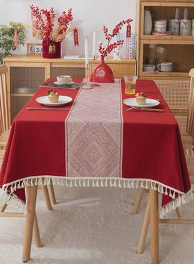 2eie涤红色结婚全中式提花复古花流苏桌布茶几餐桌布盖巾