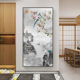 新中式山水玄关装饰画水墨风景竖版客厅过道正对入户门壁画墙挂画