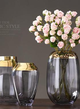 金口电镀高级感轻奢透明玻璃花瓶装饰摆件客厅办公室桌面插花摆件
