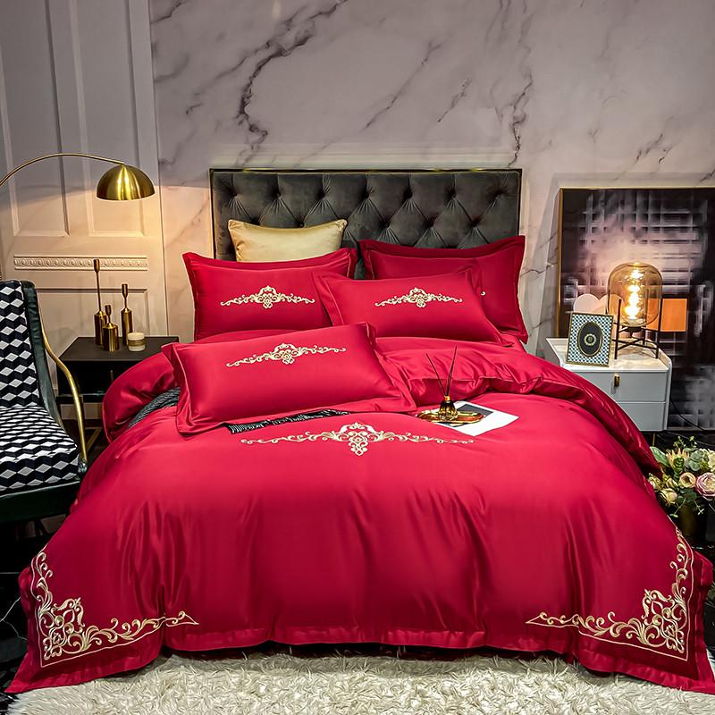 婚庆四件套喜被大红简约刺绣新结婚礼嫁房床笠单床上用品