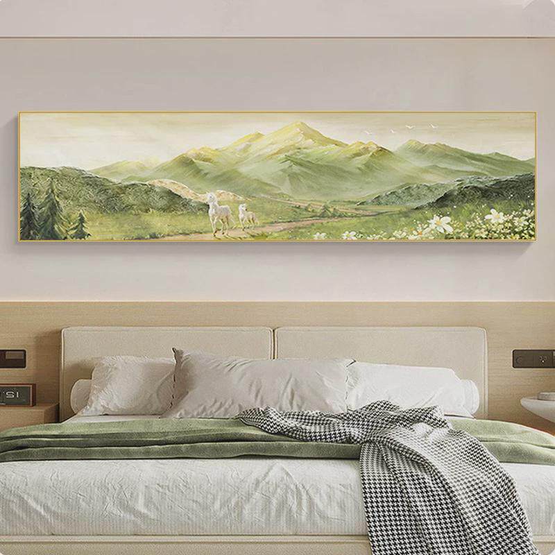 现代山水床头挂画油画横幅酒店卧室客厅装饰画青山绿水主卧乡村风