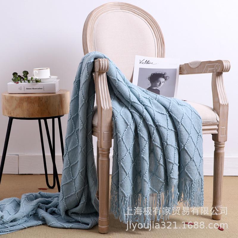 休闲复古菱格针织毛线毯1.8米床尾搭毯民宿装饰毯沙发毯北欧毯