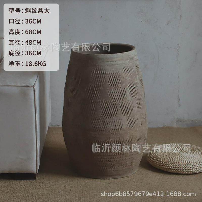 侘寂风瓦盆仿古土陶盆落地大花盆民宿装饰粗陶花瓶中式陶盆组合