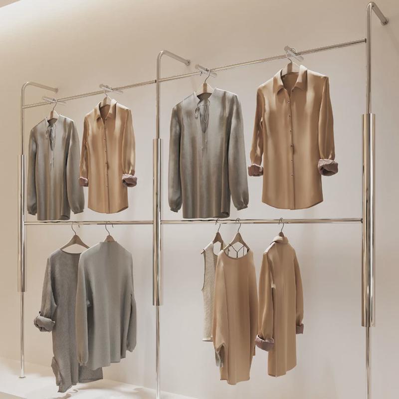 服装店展示架落地式陈列架子不锈钢上墙衣架男装店双层带正挂货架