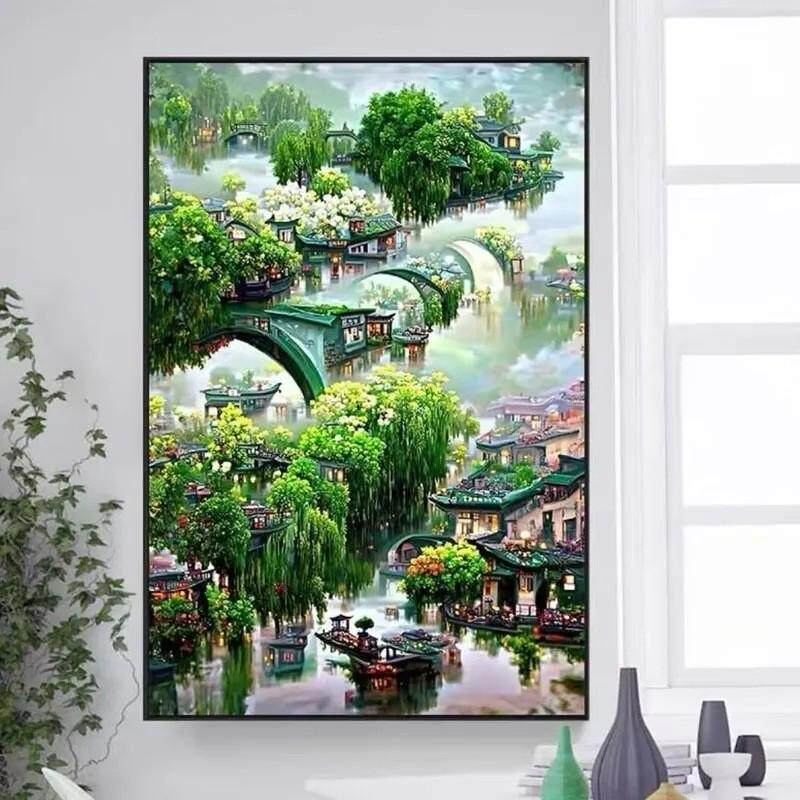 v3fp春夏秋冬四季绣2023新款客厅十字绣线满绣风景山水画四联画手