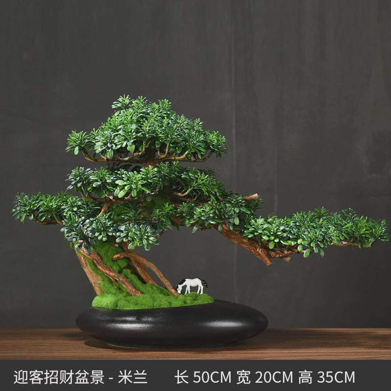 新中式迎客松盆景摆件禅意玄关树装饰品仿真罗汉松崖柏酒店盆栽