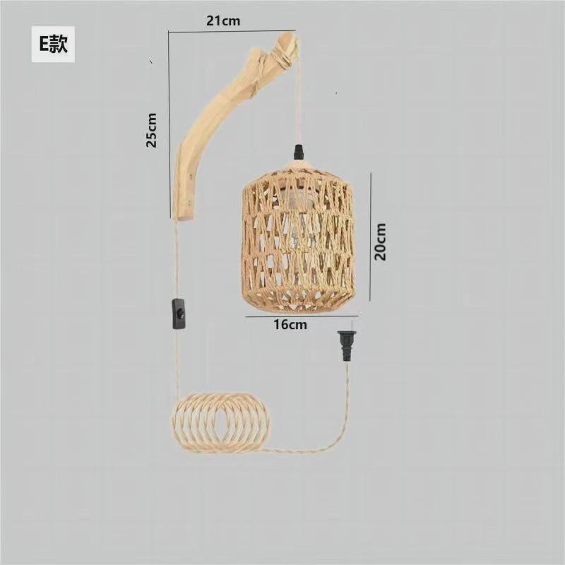 复古日式竹编卧室餐厅藤灯木制床头壁灯农舍乡村室内背景墙壁灯具
