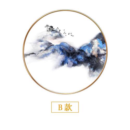 新中式客厅装饰画抽象艺术圆形铝合金玄关画现代简约创意山水画
