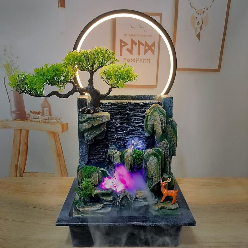 盆景摆件含灯圈加湿器水幕墙循环景观客厅办公室装饰假山流水喷泉