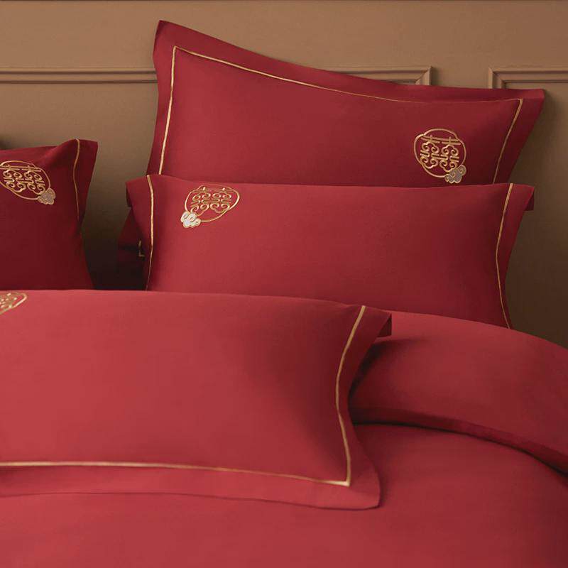 iyr7新中式100s刺绣结婚喜被婚庆四件套贡缎床上用长棉绒纯棉