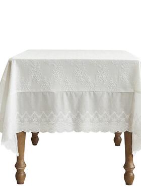 9wor法式绣花白色防水蕾丝餐桌布纯色轻奢小清新氛围台布ins风感
