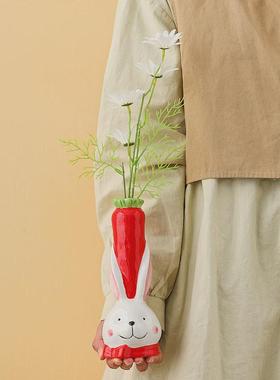 创意兔子陶瓷花瓶干花装饰花器小众新款办公室客厅书桌面花插摆件