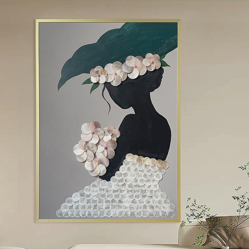 创意法式贝壳装饰画高档客餐厅手绘油画家居卧室现代美女两联挂画图片
