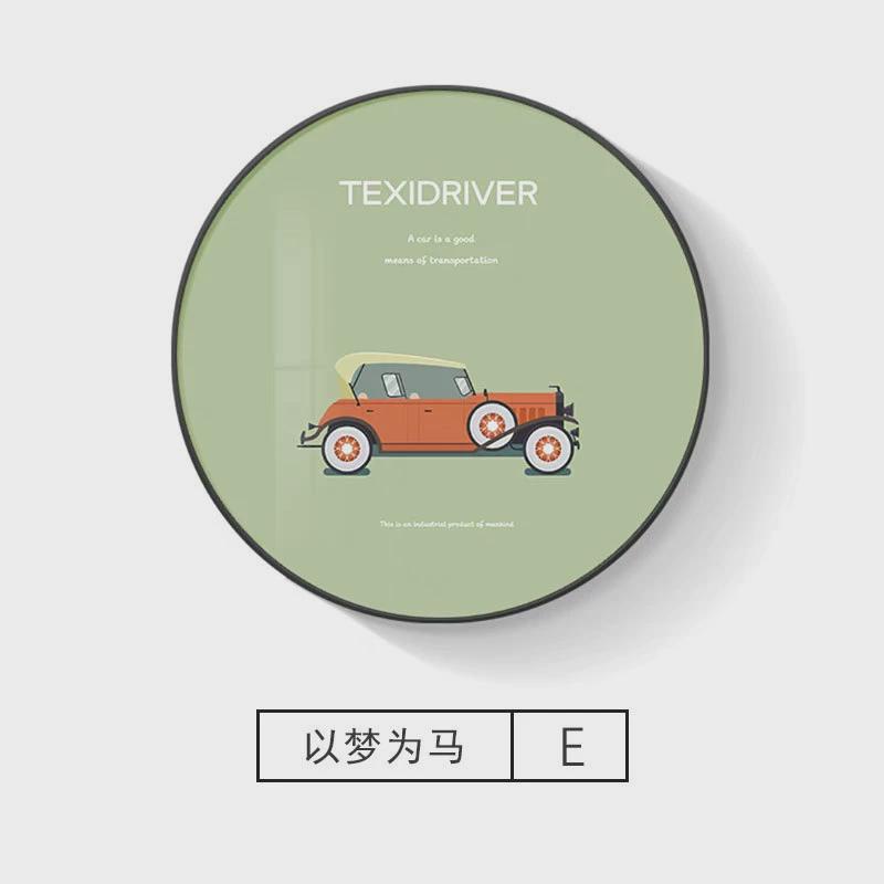 男孩跑车儿童房现代简约卧室装饰画老爷车汽车可爱卡通画圆形挂画图片