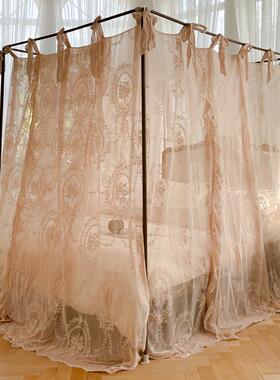 9wor蚊帐公主风蕾丝宫廷家用落地式三开门1.8m床亚麻风防尘床幔带