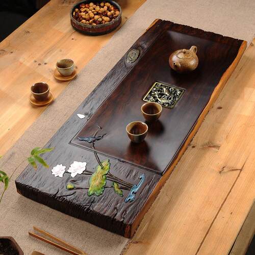 手绘茶盘黑檀木实木原木整块茶道茶具功夫用客厅茶海彩绘大茶台