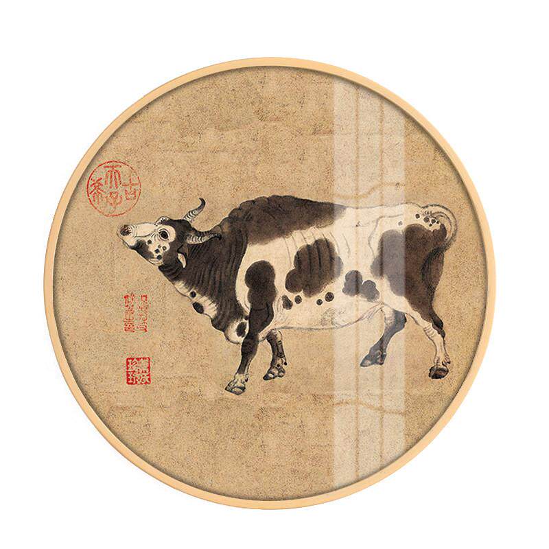 五牛图客厅国画圆形电表箱装饰画生肖牛现代金属木框餐厅