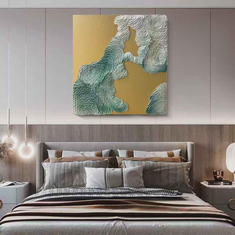 皮革立体鱼鳞实物画现代简约手绘别墅沙发背景墙壁挂画方形高端装