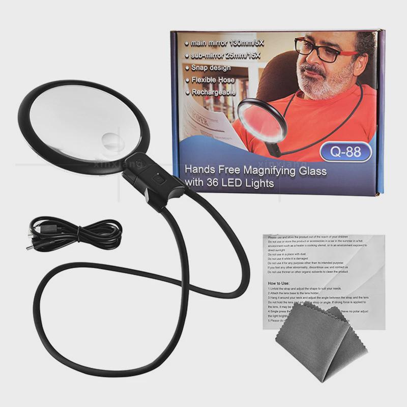 充电款36led三档阅读5倍15倍挂脖手持台式老人光源看书维修放大镜