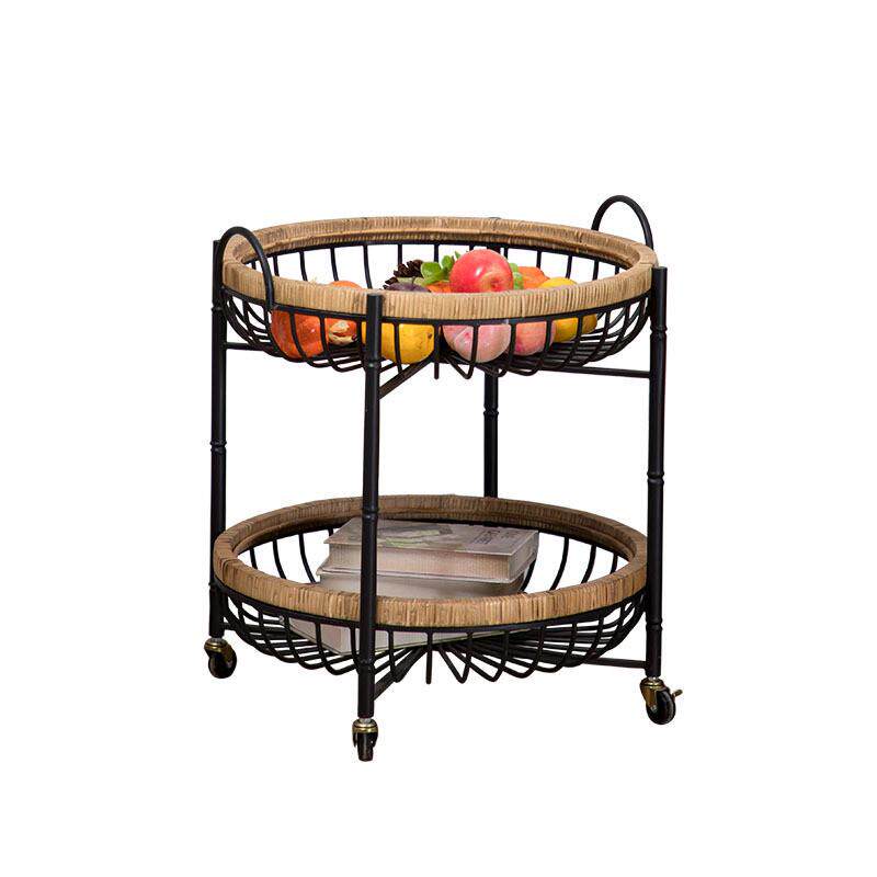 日式圆形藤编铁艺茶几小尺寸创意带小推车客厅沙发边几可移动轮子