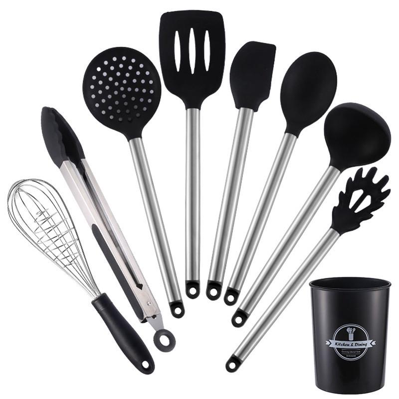 热销不锈钢硅胶厨具套装8件套管柄带尾环硅胶锅铲汤勺厨房烹饪工