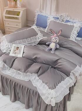 z655公主风纯色冰丝四件套夏季床上蕾丝边少女心床裙式床单被套床