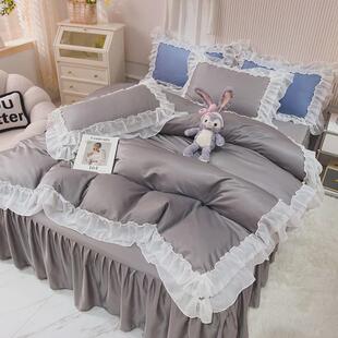 z655公主风纯色冰丝四件套夏季床上蕾丝边少女心床裙式床单被套床