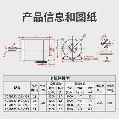信达120w直流永磁高速电机12v24v小马达调速电动机1800转正反转可