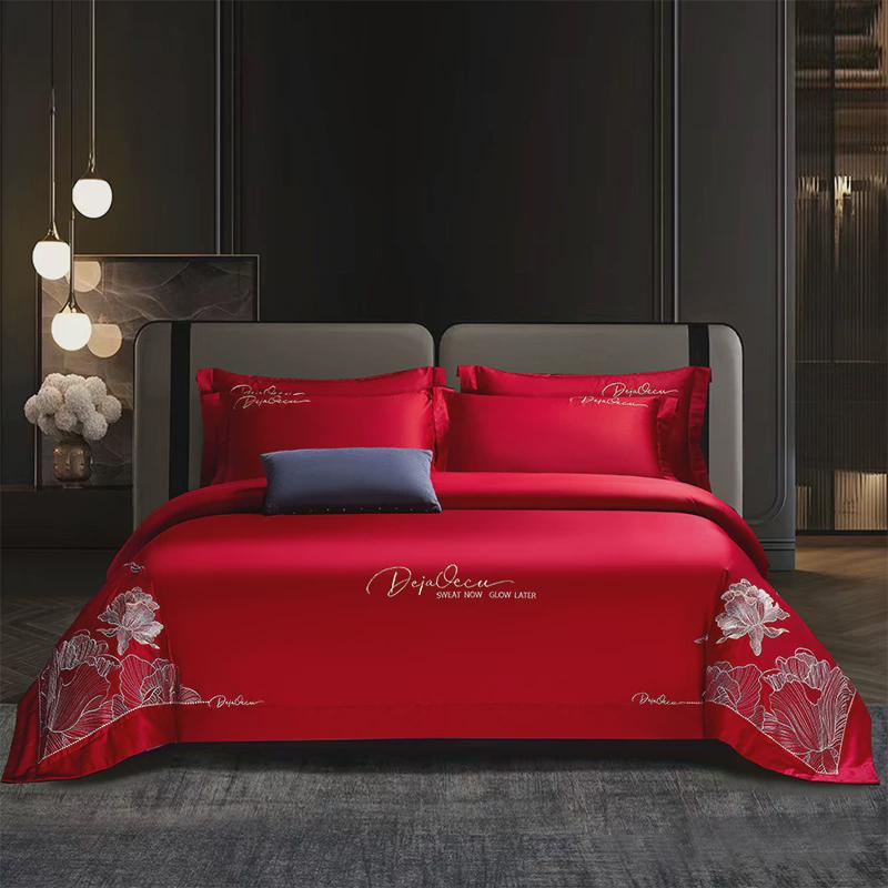 全棉婚庆四件套大红刺绣结婚六八喜件套纯棉绣花婚礼十被床上用品