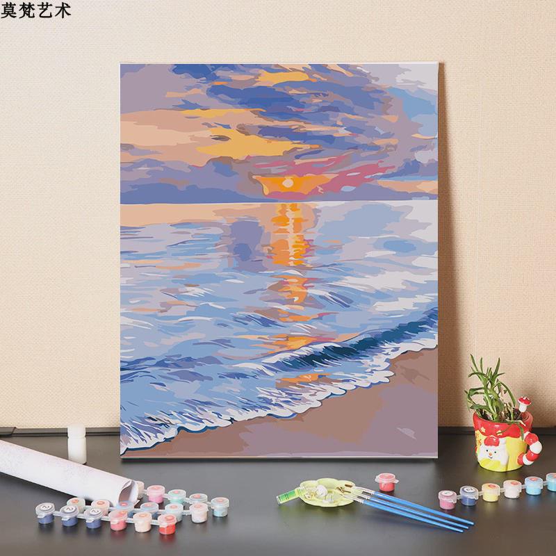 xei3数字油画diy手工填充海上生海滩梦幻花风景画手绘涂色油彩画