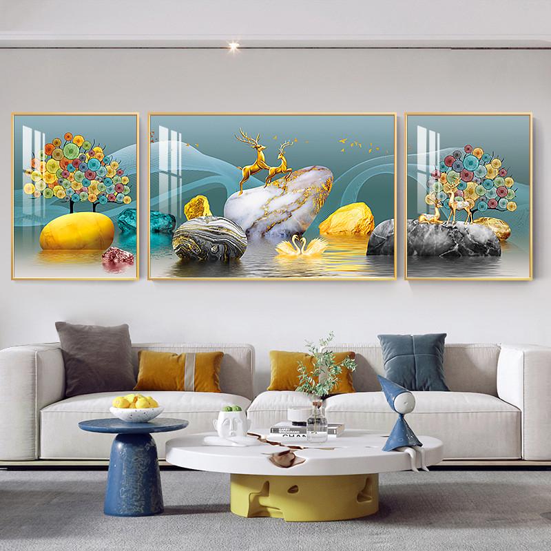 新中式客厅装饰画家装墙壁挂画厂家三联晶瓷画沙发背景墙装饰画