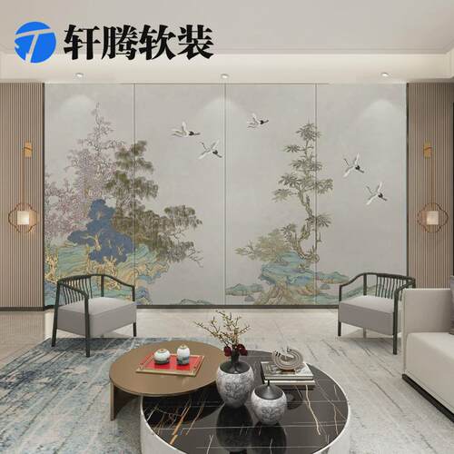 床头电视刺绣硬包背景墙山水画卧室客厅装饰新中式沙发硬包背景墙
