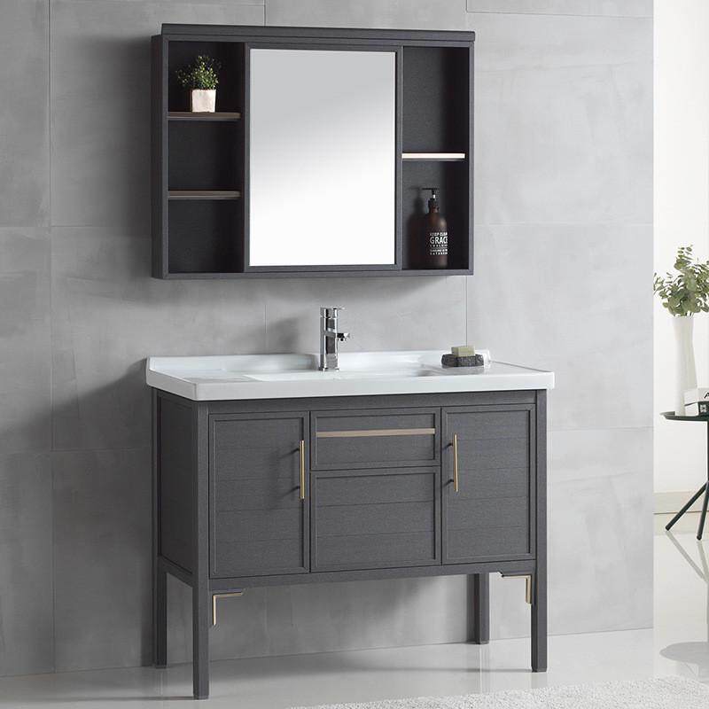 新款中式加厚太空铝落地浴室柜组合套装开合式柜镜一体陶瓷盆