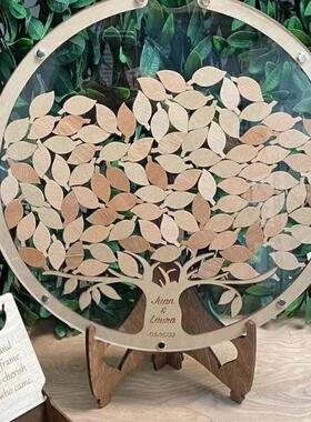 木质婚礼签到留言簿创意柳叶造型婚礼卡盒桌面台生日派对签到板