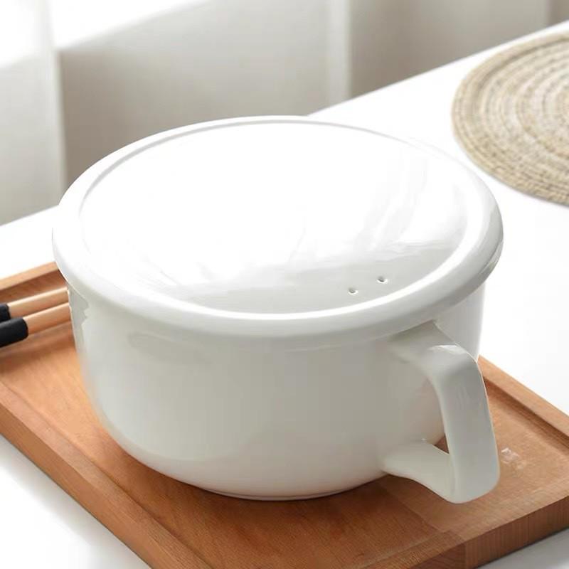 唐山骨瓷餐具带把碗骨瓷碗带盖家用泡面碗防烫手柄碗骨瓷单柄碗