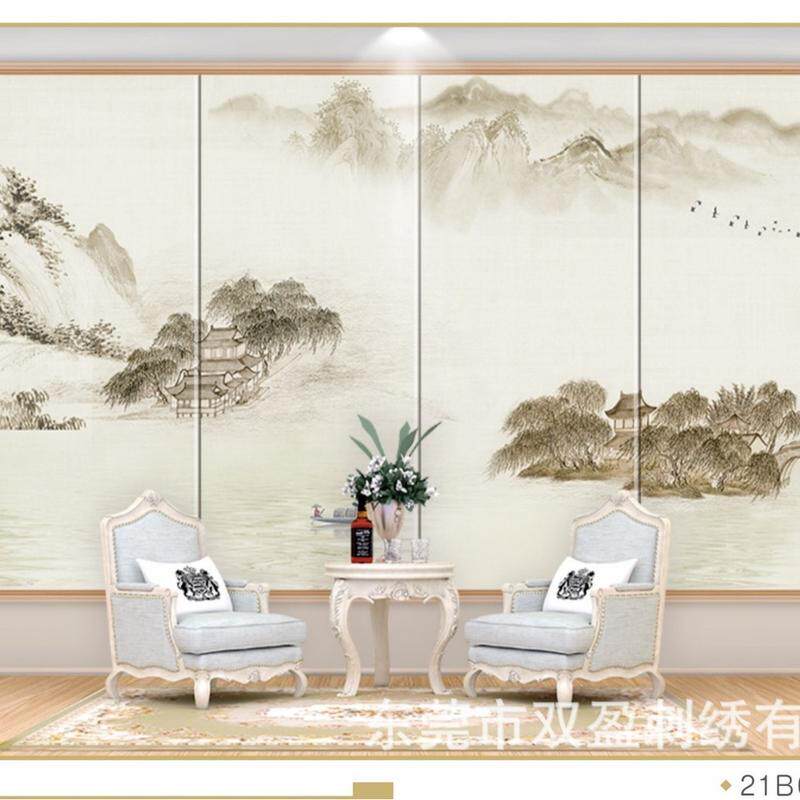 电视背景墙刺绣硬包新中式北欧现代客厅卧室软包浮雕花鸟刺绣2021