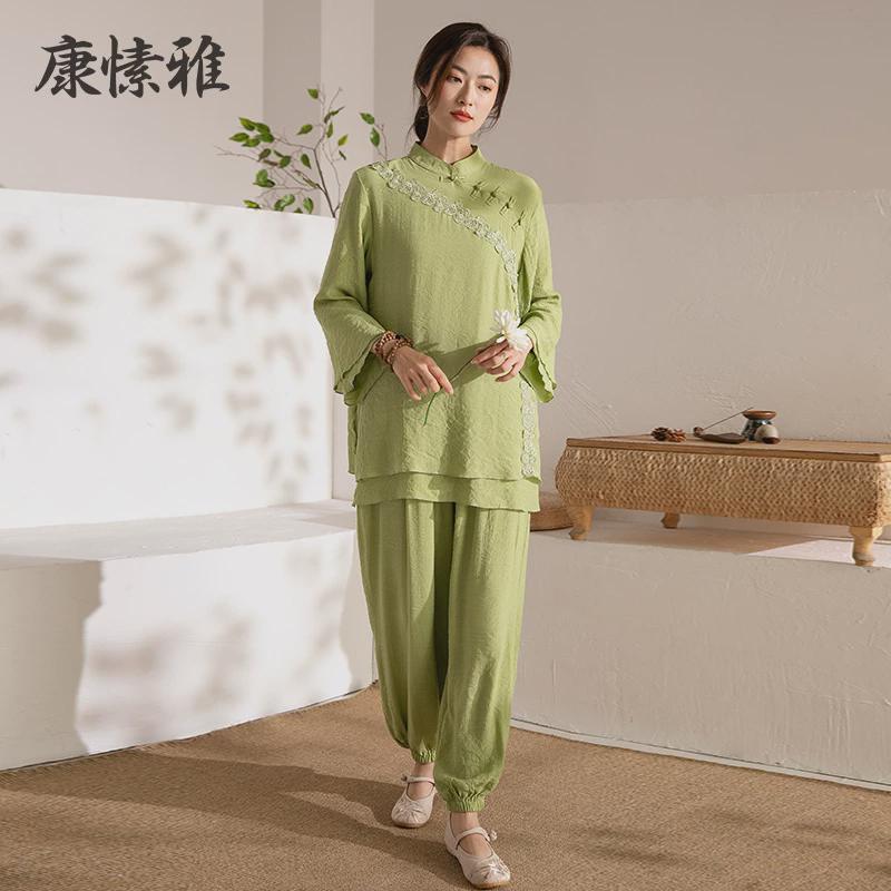 秋冬新款长袖户外棉麻宽松白色套装太极服女练功服团队表演服批发