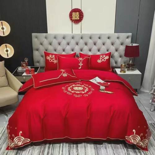 婚庆四件套六件套新婚床上用品60支婚被婚礼结婚床上用品大红
