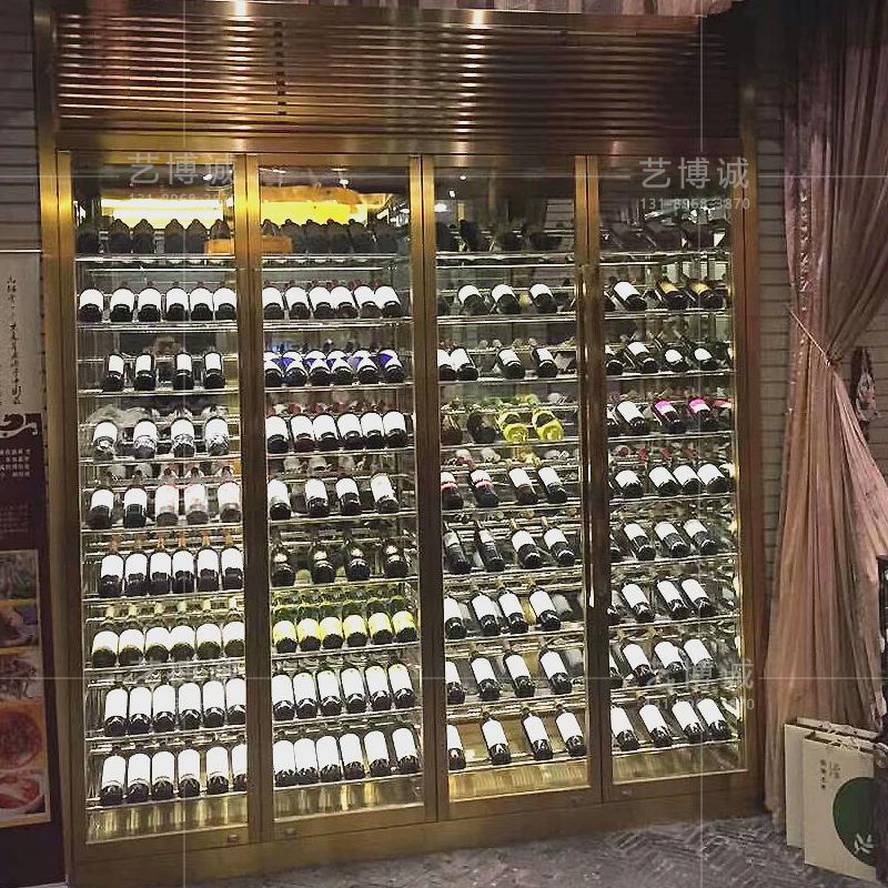 别墅高档斜放红酒展示柜钛酒窖酒行各种定制金不锈钢酒柜酒架