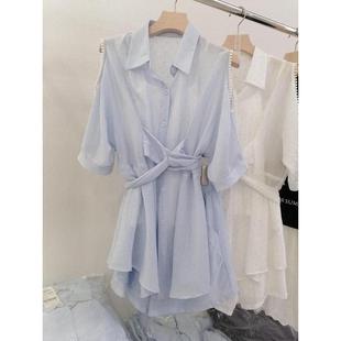 小个子套装女2025新款夏装时尚洋气露肩镶钻钉珠衬衫三件套潮