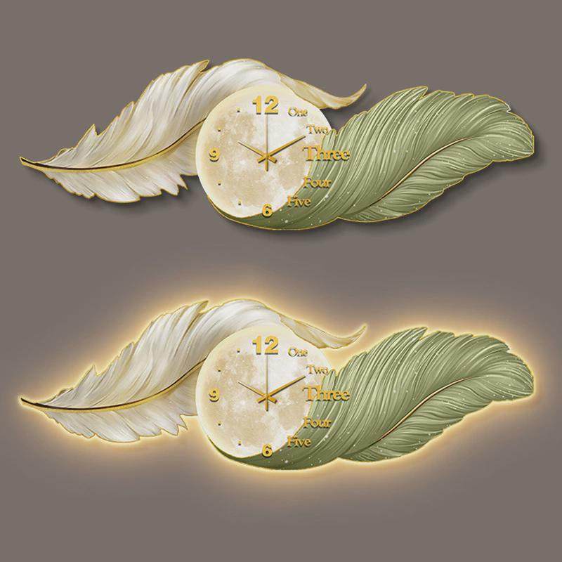 现代高级感客厅装饰画轻奢羽毛时钟沙发背景墙挂画led灯光壁挂画