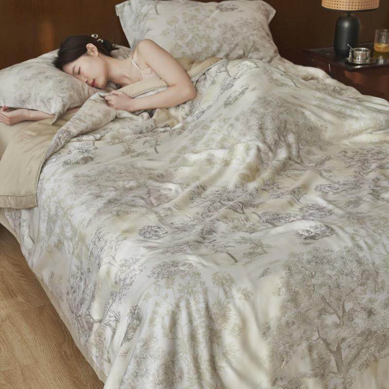 轻奢北欧80S莱赛尔天丝夏被四件套空调被大豆夏凉被凉感丝薄被子