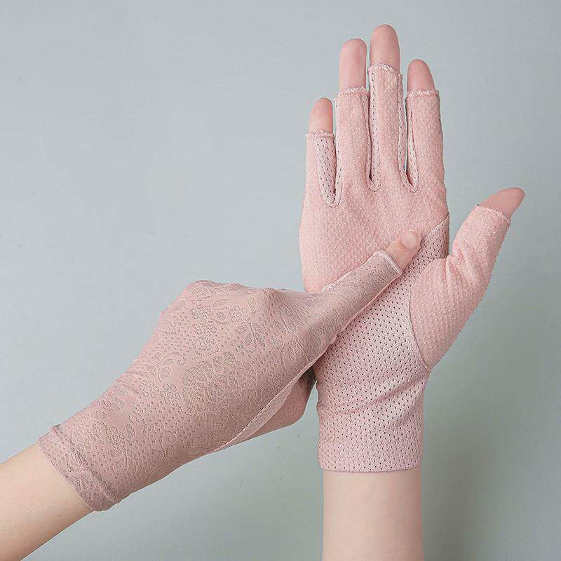 春夏7038半指女士冰丝露指美甲采茶骑行开车户外冰爽防滑防晒手套