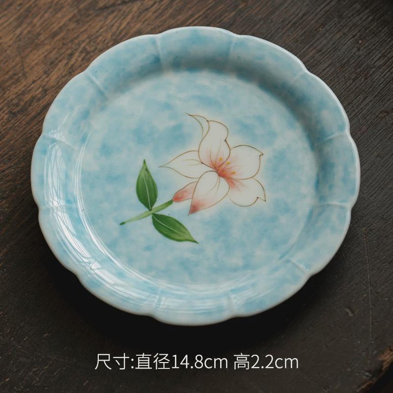 弥言手工陶瓷花口壶承釉下彩手绘百合点心泡茶杯家用小型干盘茶盘