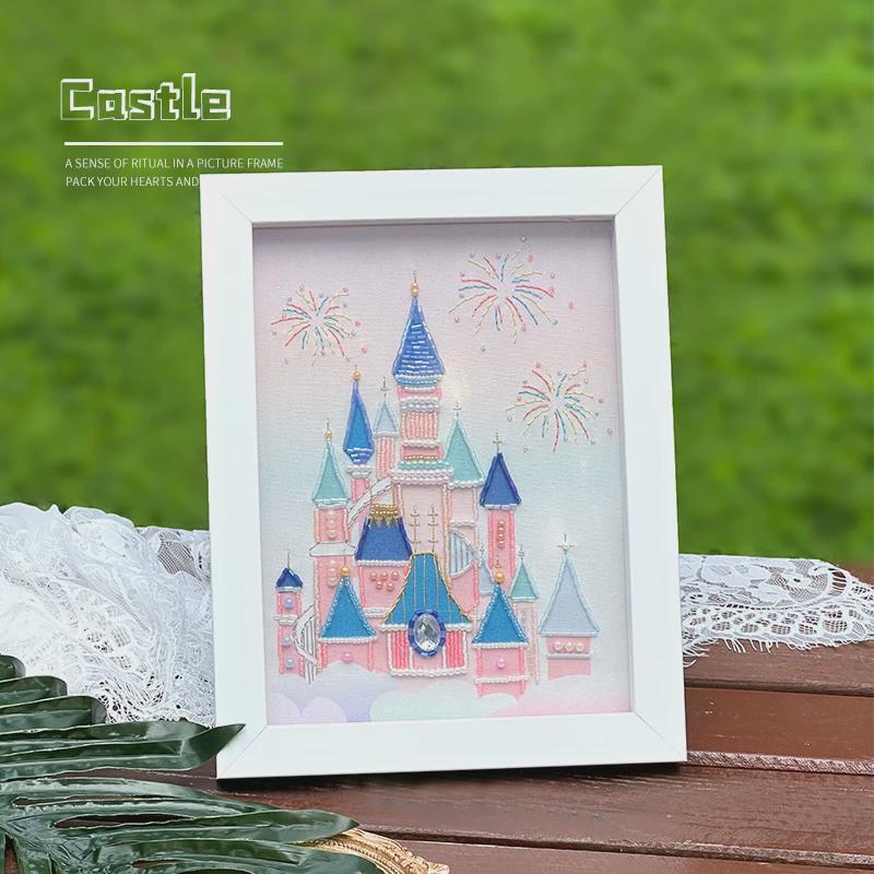 1y刺绣手工diy材料包简单制作自相框法绣魔法城堡绣欧式立体绣摆