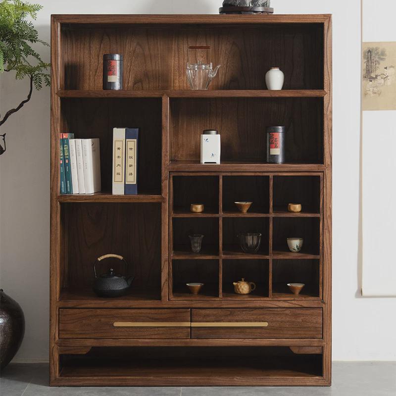 新中式博古架实木书柜展示柜置物架多宝阁茶室老榆木茶柜收纳架子