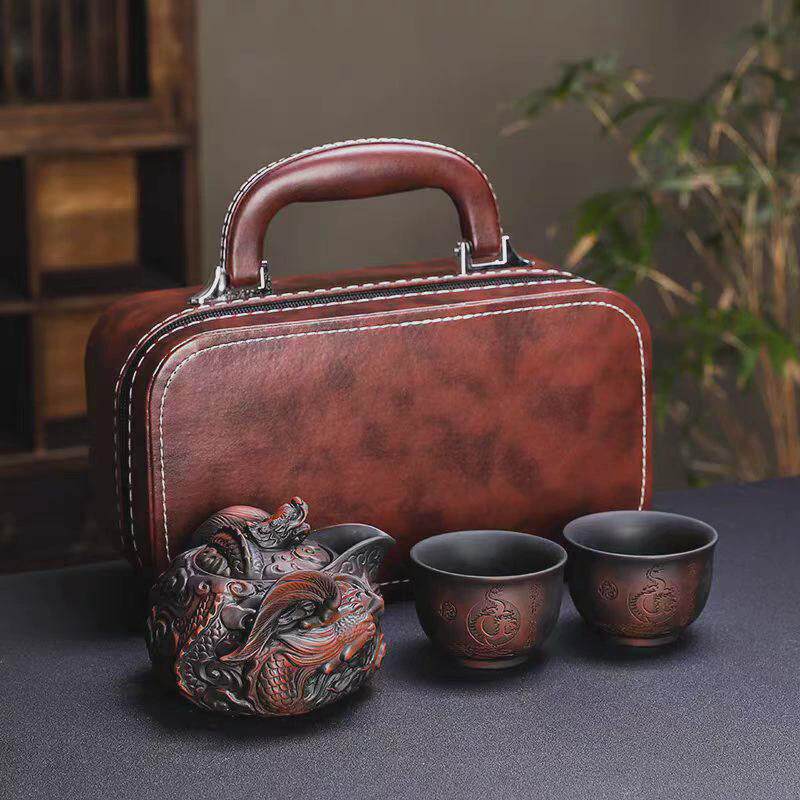 紫陶复古手抓龙壶旅行茶具便携式二杯一壶户外旅游茶具浮雕泡茶壶