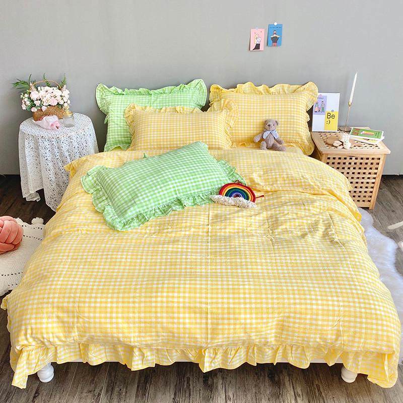 2u8k韩式花边四件套小清新格子被套床单床少女心田园品公主风