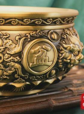 【客厅腾铜艺】黄铜复古狮头聚宝盆办公室唐家居送礼创意桌面摆件