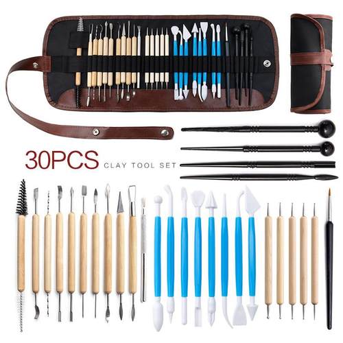 陶艺工具套装30件石塑粘土组合制作雕刻刀 点丸笔钻棒笔帘
